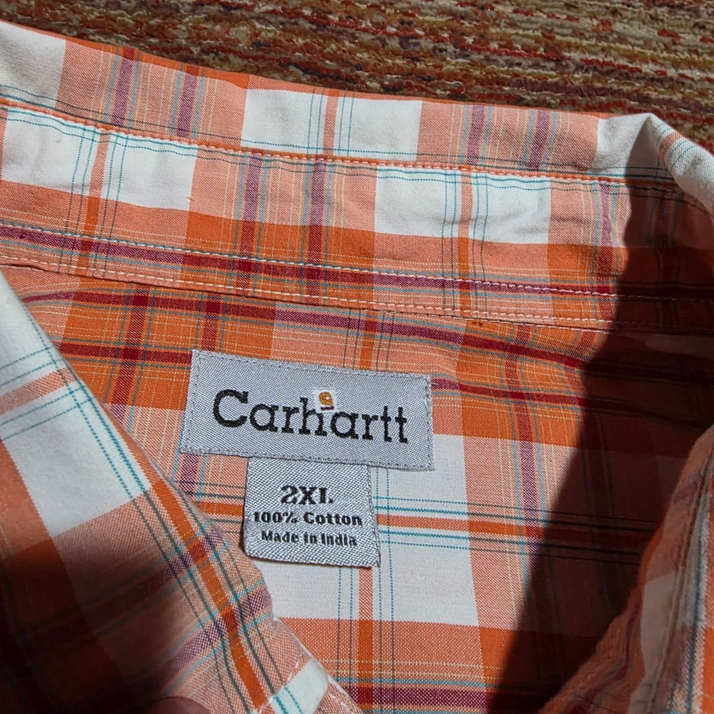 Carhartt MensPlaid Short Sleeve Button Up Shirt Orange White Cotton 2XL Workwear - Picture 3 of 10